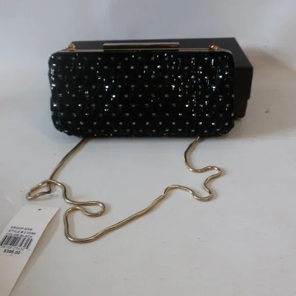 NWT Womens Badgley Mischka Black Beaded Gold Chain Clutch Evening Handbag - Picture 2 of 9